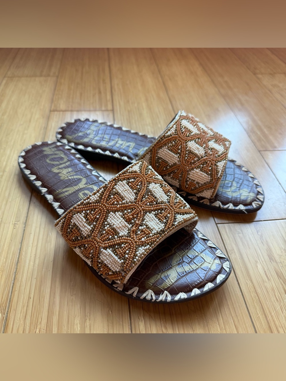 Beaded Brown Slide Sandals - Women